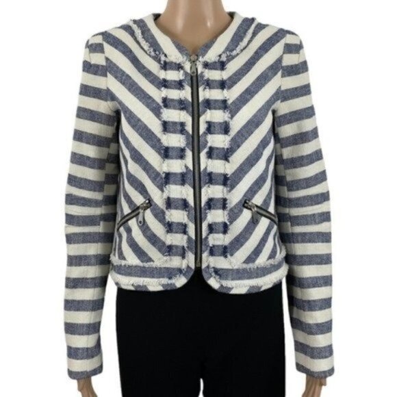 Rebecca Minkoff Salinas Striped Zip-Up Navy Cream Tweed Bomber Suit Jacket sz 4 - Picture 1 of 9